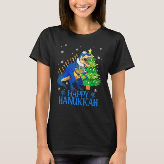 Cute Menorasaurus Rex Dinosaur Tree Christmas Happ Tシャツ (正面)
