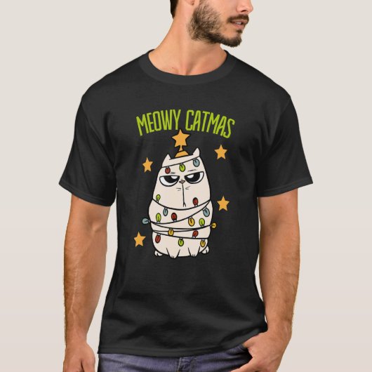 Cute Meowy Catmas Christmas Cat Tangled Up In Ligh Tシャツ (正面)