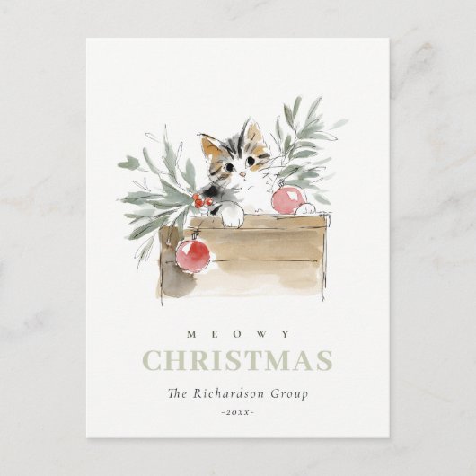 Cute Meowy Christmas Box Cat Corporate Logo シーズンポストカード (正面)