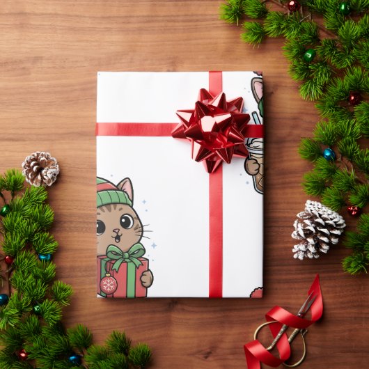 Cute Meowy Christmas Cat Iced Latte Pattern Wrappi ラッピングペーパー (クリスマスギフト)