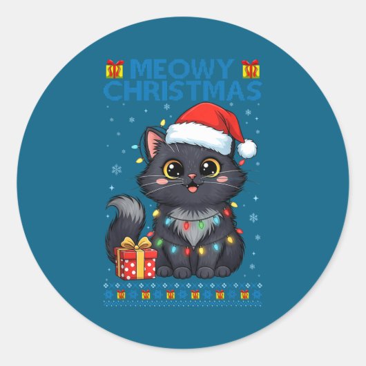Cute Meowy Christmas Cat – Kawaii Holiday Kitty Te ラウンドシール (正面)