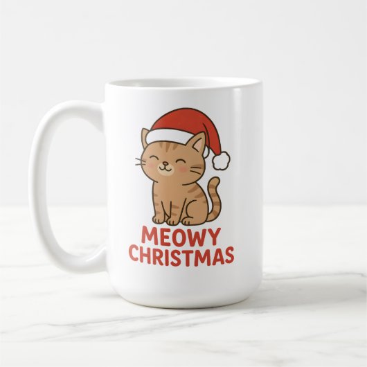 Cute Meowy Christmas Cat Santa Hat コーヒーマグカップ (左)