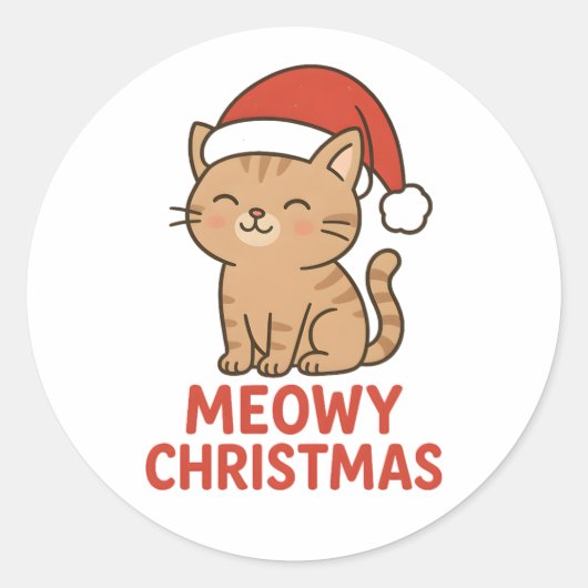 Cute Meowy Christmas Cat Santa Hat ラウンドシール (正面)