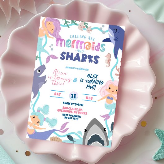 Cute Mermaid and Sharks Joint Birthday invitation 招待状