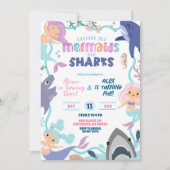 Cute Mermaid and Sharks Joint Birthday invitation 招待状 (正面)