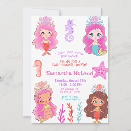 Cute Mermaid Baby Shower Under the Sea Baby Girl  招待状 (正面)