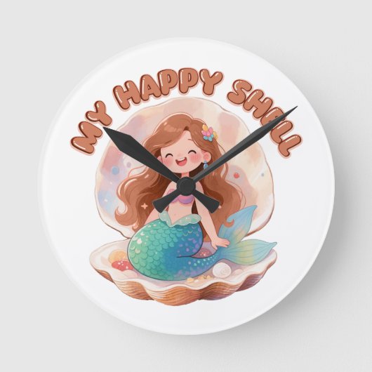 Cute Mermaid My Happy Shell Quote Pastel Aesthetic ラウンド壁時計 (正面)
