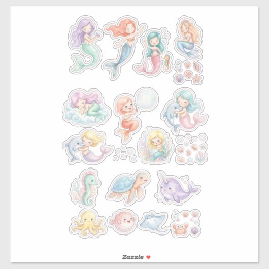 Cute Mermaid & Ocean Animals Sticker Set – Pastel シール (シート)