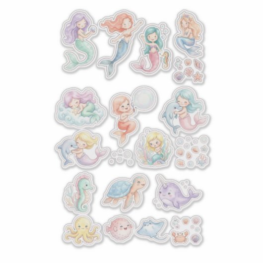 Cute Mermaid & Ocean Animals Sticker Set – Pastel シール (正面)