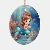 Cute Mermaid Ocean Photo Watercolor Personalized セラミックオーナメント (右)