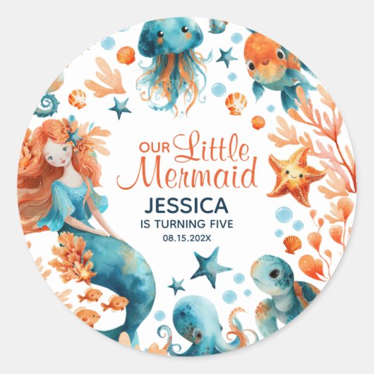 Cute Mermaid Under The Sea Baby Girl Birthday ラウンドシール (正面)
