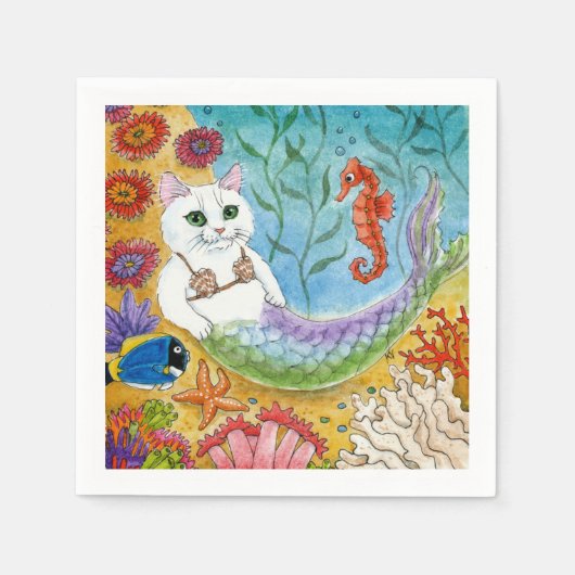 Cute mermaid white cat mercat party napkins スタンダードカクテルナプキン (正面)