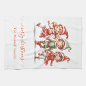Cute merry christmas 3 elves family name キッチンタオル (横)