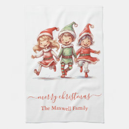 Cute merry christmas 3 elves family name キッチンタオル