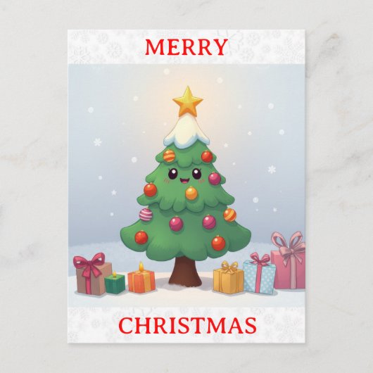 Cute Merry Christmas Cartoon Tree ポストカード (正面)