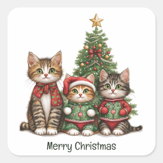 Cute Merry Christmas Cats スクエアシール (正面)