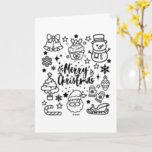 Cute Merry Christmas Doodle Art カード (黄色い花)