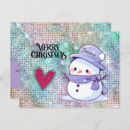 Cute Merry Christmas Pastel Snowman Glitter Heart  ポストカード