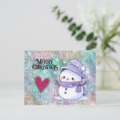 Cute Merry Christmas Pastel Snowman Glitter Heart  ポストカード (スタンド正面)