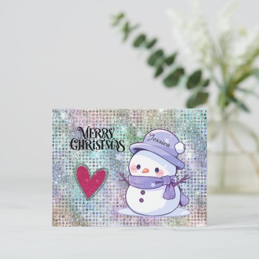 Cute Merry Christmas Pastel Snowman Glitter Heart  ポストカード (スタンド正面)