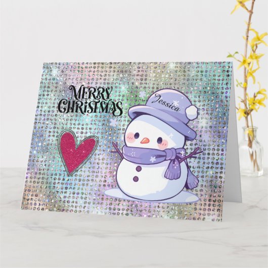 Cute Merry Christmas Snowman Pastel Glitter  カード (黄色い花)