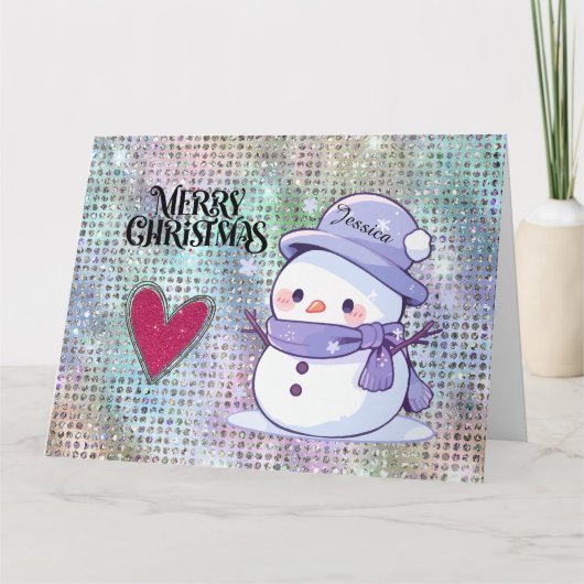 Cute Merry Christmas Snowman Pastel Glitter カード (正面)