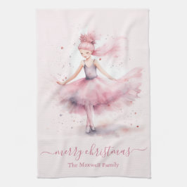 Cute merry christmas soft pink ballerina  キッチンタオル