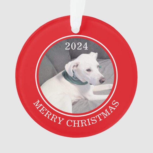 Cute Merry Christmas White Dog Photo Red Round オーナメント (正面)