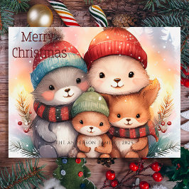 Cute Merry Christmas Woodland Animal Family シーズンポストカード