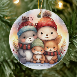 Cute Merry Christmas Woodland Animal Family セラミックオーナメント