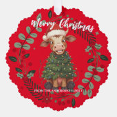 Cute merry Cow Christmas tree calf ox Xmas pattern オーナメントカード (正面)