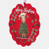 Cute merry Cow Christmas tree calf ox Xmas pattern オーナメントカード (左)