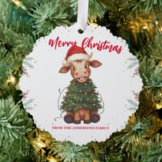 Cute merry Cow Christmas tree calf ox Xmas pattern オーナメントカード (インサイチュ (木))