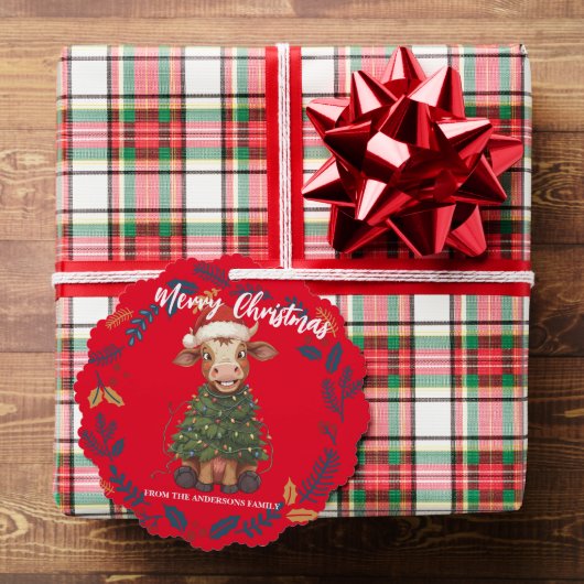 Cute merry Cow Christmas tree calf ox Xmas pattern オーナメントカード (インサイチュ (ギフト))