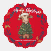 Cute merry Cow Christmas tree calf ox Xmas pattern オーナメントカード (正面)