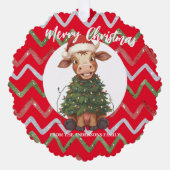 Cute merry Cow Christmas tree calf ox Xmas pattern オーナメントカード (正面)