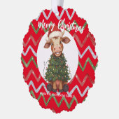 Cute merry Cow Christmas tree calf ox Xmas pattern オーナメントカード (左)