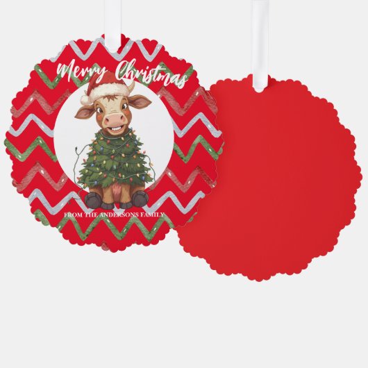 Cute merry Cow Christmas tree calf ox Xmas pattern オーナメントカード (正面/裏面)