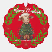 Cute merry Cow Christmas tree calf ox Xmas pattern オーナメントカード (正面)