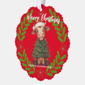 Cute merry Cow Christmas tree calf ox Xmas pattern オーナメントカード (左)