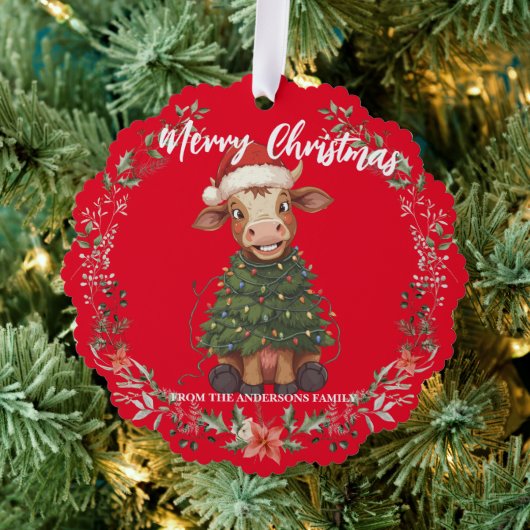 Cute merry Cow Christmas tree calf ox Xmas pattern オーナメントカード (インサイチュ (木))