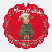 Cute merry Cow Christmas tree calf ox Xmas pattern オーナメントカード (正面)