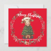 Cute merry Cow Christmas tree calf ox Xmas pattern シーズンカード (正面)