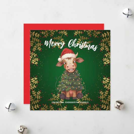 Cute merry Cow Christmas tree calf ox Xmas pattern シーズンカード (正面/裏面インサイチュ)
