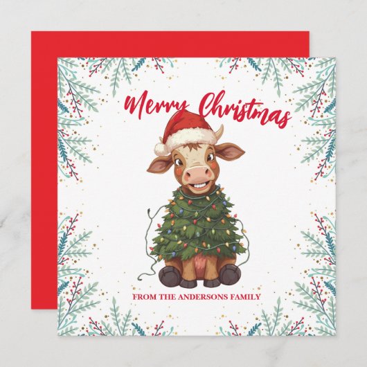 Cute merry Cow Christmas tree calf ox Xmas pattern シーズンカード (正面/裏面)