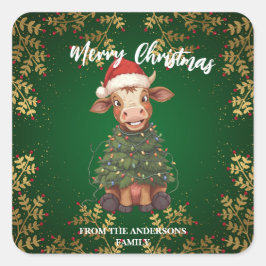 Cute merry Cow Christmas tree calf ox Xmas pattern スクエアシール