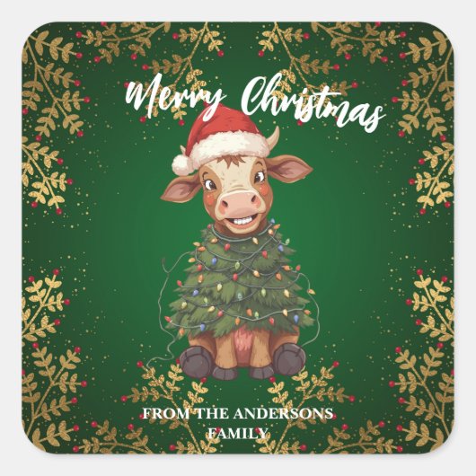 Cute merry Cow Christmas tree calf ox Xmas pattern スクエアシール (正面)