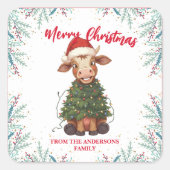 Cute merry Cow Christmas tree calf ox Xmas pattern スクエアシール (正面)