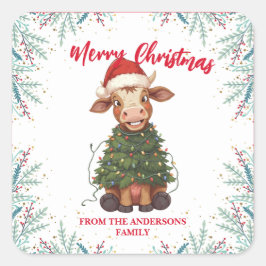 Cute merry Cow Christmas tree calf ox Xmas pattern スクエアシール