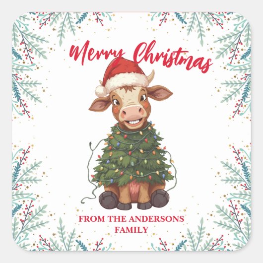 Cute merry Cow Christmas tree calf ox Xmas pattern スクエアシール (正面)